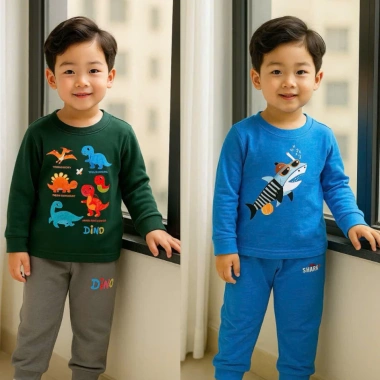 Bộ dài tay thu đông vải thun da cá họa tiết dễ thương cho bé trai - Giá 61.730đ
