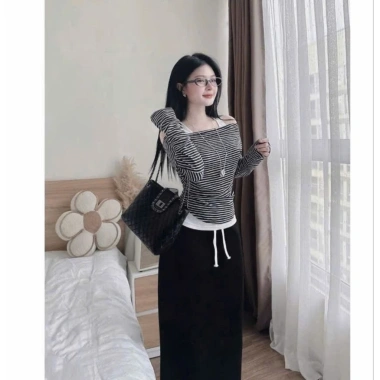 Bộ đồ ba món chân váy dáng A dài, áo ba lỗ bệt vai sọc ngang ZUKA XX88 giảm còn 219k 2