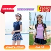 Bộ đồ bơi nữ đi biển hồng phấn phối đen - váy xòe, áo tay ngắn in chữ, giảm giá 199k