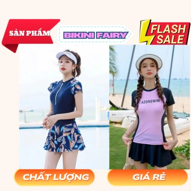 Bộ đồ bơi nữ đi biển hồng phấn phối đen - váy xòe, áo tay ngắn in chữ, giảm giá 199k