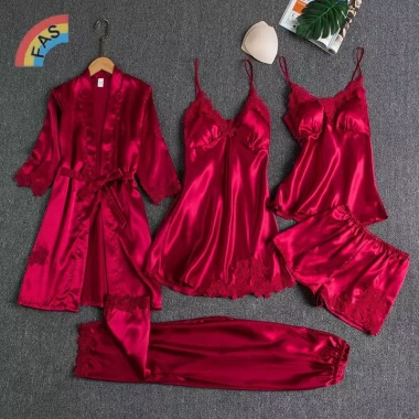 Bộ đồ ngủ lụa 5 món Satin nữ, áo choàng V, cami, váy ngủ - Giá 267k 7