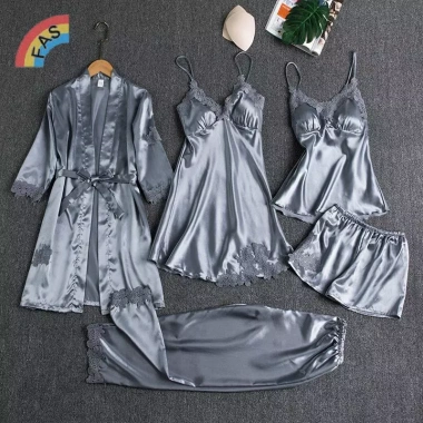 Bộ đồ ngủ lụa 5 món Satin nữ, áo choàng V, cami, váy ngủ - Giá 267k 8