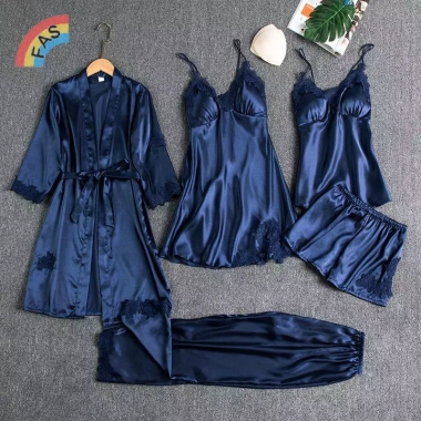 Bộ đồ ngủ lụa 5 món Satin nữ, áo choàng V, cami, váy ngủ - Giá 267k 10