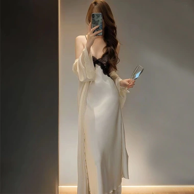Bộ Đồ Ngủ Nữ Ice Silk Mỏng – Miếng Lót Ngực Dài, Over-the-Knee, Dây Tinh Khiết Desire, Phong Cách Pháp 8