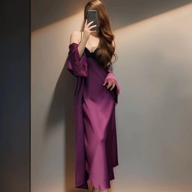 Bộ Đồ Ngủ Nữ Ice Silk Mỏng – Miếng Lót Ngực Dài, Over-the-Knee, Dây Tinh Khiết Desire, Phong Cách Pháp 9