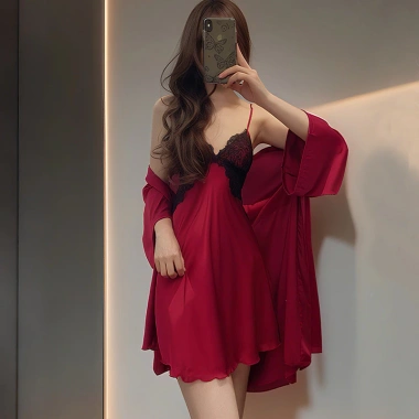 Bộ Đồ Ngủ Nữ Ice Silk Mỏng – Miếng Lót Ngực Dài, Over-the-Knee, Dây Tinh Khiết Desire, Phong Cách Pháp 16