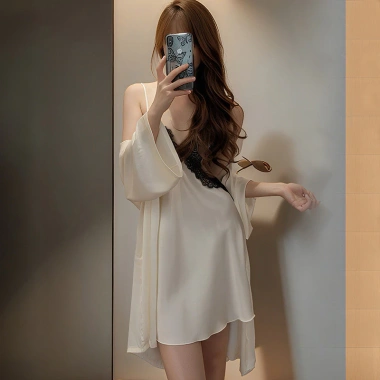 Bộ Đồ Ngủ Nữ Ice Silk Mỏng – Miếng Lót Ngực Dài, Over-the-Knee, Dây Tinh Khiết Desire, Phong Cách Pháp 18