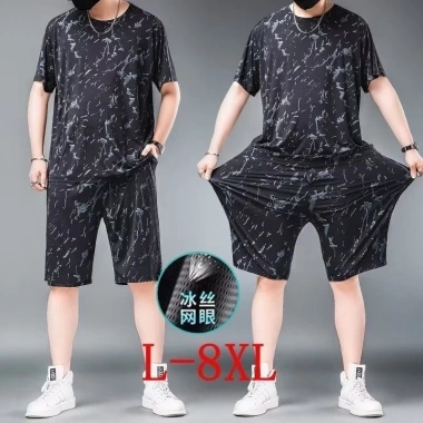 Bộ Đồ Thể Thao Nam Plus Size Ice Silk Dáng Rộng Ngắn Tay, Quần Short 25.4.10, 102.984₫