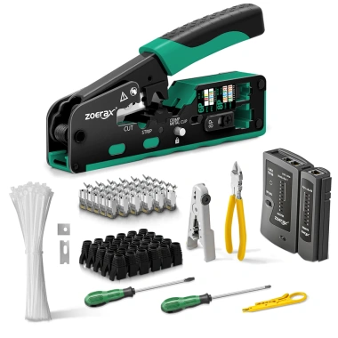 Bộ dụng cụ uốn RJ45 Cat7/Cat6A ZoeRax - Máy kiểm tra cáp, cắt dây, lưỡi dao, đầu nối, bốt, dây buộc, tuốc nơ vít