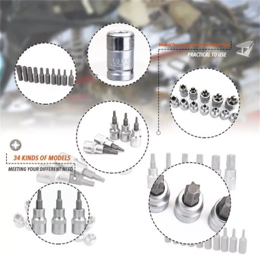 Bộ khẩu tuýp E đầu lục giác hoa thị 34 chi tiết tặng đầu chuyển 3/8 giá ưu đãi 164k 8