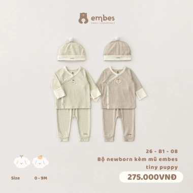 Bộ Newborn Embes Dài Tay Cài Chéo + Mũ Cotton Mỏng Mát cho Bé 0‑3 Tháng – Giá chỉ 272.250đ