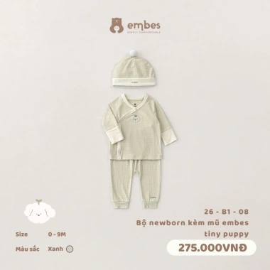 Bộ Newborn Embes Dài Tay Cài Chéo + Mũ Cotton Mỏng Mát cho Bé 0‑3 Tháng – Giá chỉ 272.250đ