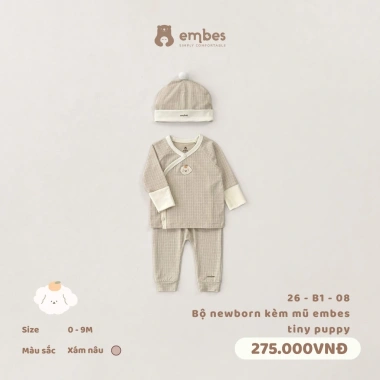 Bộ Newborn Embes Dài Tay Cài Chéo + Mũ Cotton Mỏng Mát cho Bé 0‑3 Tháng – Giá chỉ 272.250đ