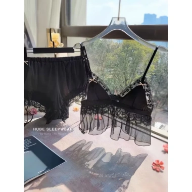 Bộ Ngủ Lụa Hai Dây Đệm Ngực Nơ Ren Eo Quần Xẻ - QC Loại 1, Giá ưu đãi 255k Xíu Sleepwear