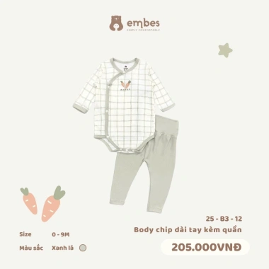 Bộ Sơ Sinh Dài Tay Embes Cotton Hình In Ngực, Cạp Cao Cài Cúc cho bé 0‑9 tháng - Giá 157.250₫