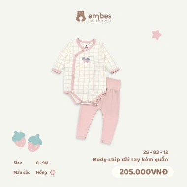 Bộ Sơ Sinh Dài Tay Embes Cotton Hình In Ngực, Cạp Cao Cài Cúc cho bé 0‑9 tháng - Giá 157.250₫