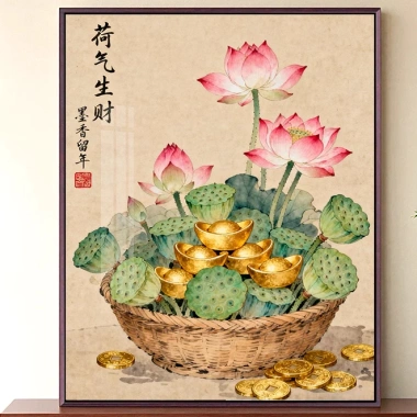 Bộ Thêu Handmade 2.025 Phong Cách Mới - Sen May Mắn, Chữ Thập, Chất Liệu Gói, DIY Thêu
