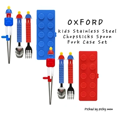 Bộ thìa nĩa đũa thép không gỉ OXFORD cho trẻ em - Thiết kế khối dễ thương, không BPA, Made in Hàn Quốc (Xanh/Đỏ)