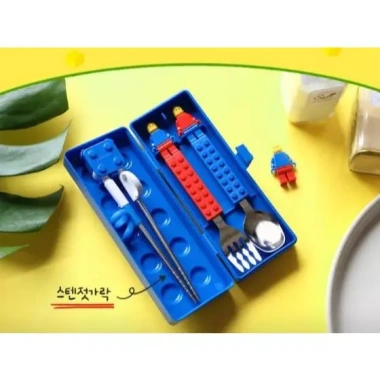 Bộ thìa nĩa đũa thép không gỉ OXFORD cho trẻ em - Thiết kế khối dễ thương, không BPA, Made in Hàn Quốc (Xanh/Đỏ)