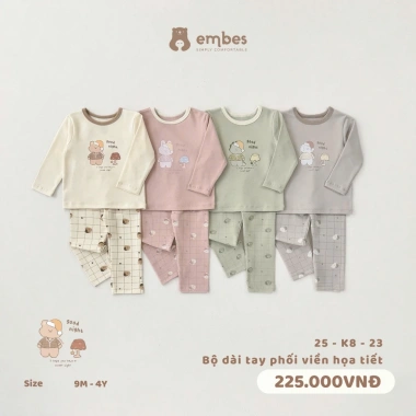 Bộ Thu Đông Embes Dài Tay In Họa Tiết Chất Dày Ấm Áp Size 8‑18kg Giảm Giá 180k