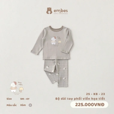 Bộ Thu Đông Embes Dài Tay In Họa Tiết Chất Dày Ấm Áp Size 8‑18kg Giảm Giá 180k