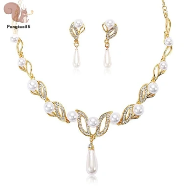 Bộ Trang Sức Cưới Nữ 3 Mẫu Ngọc Trai Hoa Vòng Cổ Bông Tai Sang Trọng Quà Tặng 9