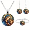 Bộ trang sức Virgin Mary 3 mảnh bông tai, vòng cổ, mặt dây chuyền Madonna – Quà tôn giáo