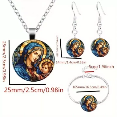 Bộ trang sức Virgin Mary 3 mảnh bông tai, vòng cổ, mặt dây chuyền Madonna – Quà tôn giáo 4
