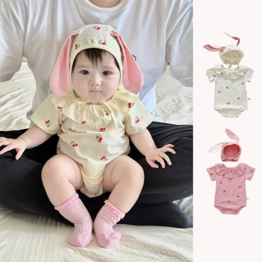 Bodysuit bé gái Pig BeBe áo liền quần tay ngắn mũ họa tiết dễ thương sơ sinh 2