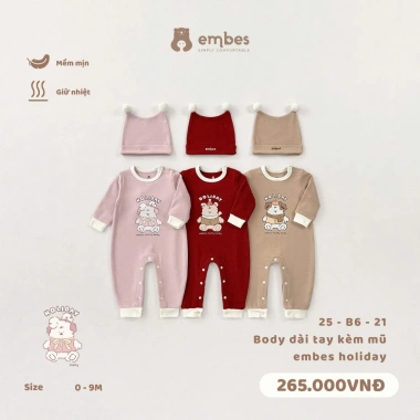 Bodysuit sơ sinh dài tay in hình kèm mũ dày dặn mùa thu đông cho bé 0‑9 tháng - 165.750₫