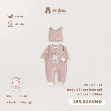 Bodysuit sơ sinh dài tay in hình kèm mũ dày dặn mùa thu đông cho bé 0‑9 tháng - 165.750₫