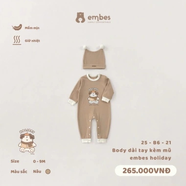 Bodysuit sơ sinh dài tay in hình kèm mũ dày dặn mùa thu đông cho bé 0‑9 tháng - 165.750₫