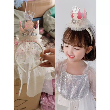 Bờm cài tóc công chúa Happy Birthday xinh xắn vải voan Hàn Quốc cho bé gái 50k