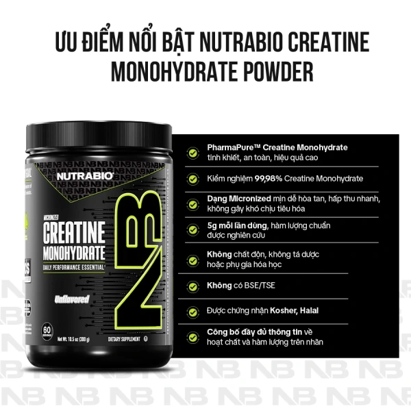 Hình ảnh sản phẩm Bột tăng sức mạnh NutraBio Micronized Creatine Monohydrate tiêu chuẩn dược phẩm - Đủ size đủ vị, giá ưu đãi 490k