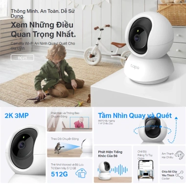 Camera Wifi TP-Link TAPO TC71 + Thẻ nhớ 64GB 3M + Chân đế L Camera trong nhà Giá 728.000 VND 2