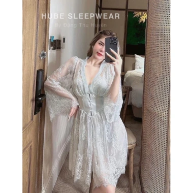 Cao cấp Set Váy Ngủ & Áo Choàng Cúc Ren Nơ Gọng Ngực - Hube Sleepwear 285k 9