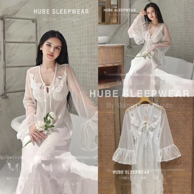 Cao cấp Váy Ngủ Lụa Dài Phối Ren và Bi Hoa, Tay Loe Nổi Ngực Xíu Sleepwear