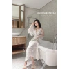 Cao cấp Váy Ngủ Lụa Dài Phối Ren và Bi Hoa, Tay Loe Nổi Ngực Xíu Sleepwear 3