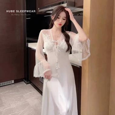 Cao cấp Váy Ngủ Lụa Dài Phối Ren và Bi Hoa, Tay Loe Nổi Ngực Xíu Sleepwear 4 Cao cấp Váy Ngủ Lụa Dài Phối Ren và Bi Hoa, Tay Loe Nổi Ngực Xíu Sleepwear 4