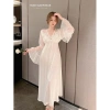 Cao cấp Váy Ngủ Lụa Dài Phối Ren và Bi Hoa, Tay Loe Nổi Ngực Xíu Sleepwear 6