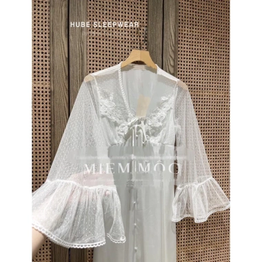 Cao cấp Váy Ngủ Lụa Dài Phối Ren và Bi Hoa, Tay Loe Nổi Ngực Xíu Sleepwear