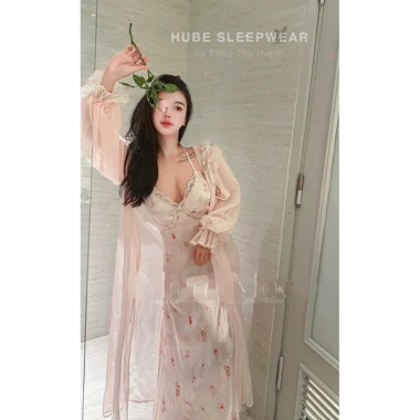 Cao cấp váy ngủ lụa kèm áo choàng ren hoa nhí lyly dài tiểu thư QC loại 1 Xíu Sleepwear