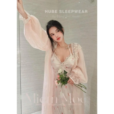 Cao cấp váy ngủ lụa kèm áo choàng ren hoa nhí lyly dài tiểu thư QC loại 1 Xíu Sleepwear