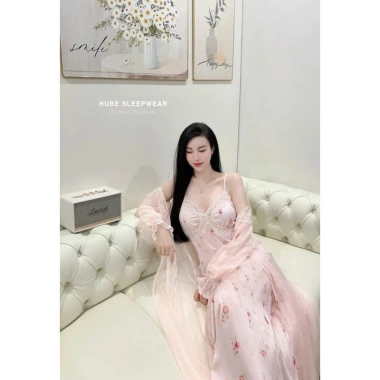 Cao cấp váy ngủ lụa kèm áo choàng ren hoa nhí lyly dài tiểu thư QC loại 1 Xíu Sleepwear