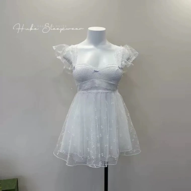 Cao cấp Váy Ngủ Voan Mềm Nơ Nhí Chấm Bi và Ren Lụa, Viền Ngực Dây Cánh Tiên Xoè Tầng - Hube Sleepwear 539k