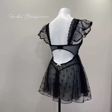 Cao cấp Váy Ngủ Voan Mềm Nơ Nhí Chấm Bi và Ren Lụa, Viền Ngực Dây Cánh Tiên Xoè Tầng - Hube Sleepwear 539k