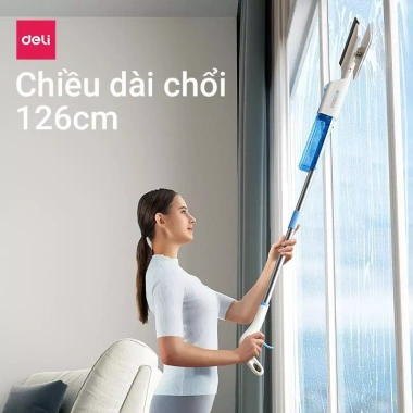 Cây lau kính Deli 126cm - Phun sương, gạt nước, đầu xoay 90°, chỉ 49.000đ