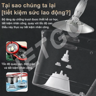Cây lau nhà JETGO tay quay 360 độ, xô kim loại thép không gỉ, nắp thoát nước nhanh 3