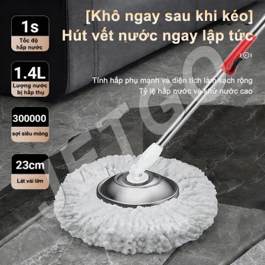 Cây lau nhà JETGO tay quay 360 độ, xô kim loại thép không gỉ, nắp thoát nước nhanh 6