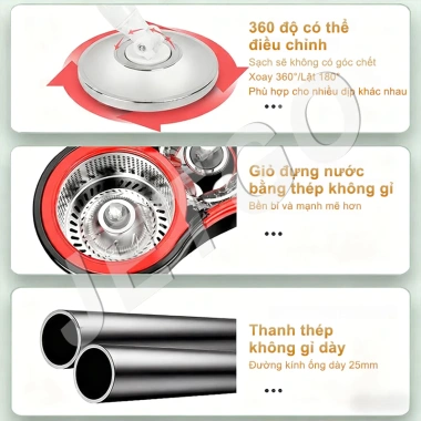 Cây lau nhà JETGO tay quay 360 độ, xô kim loại thép không gỉ, nắp thoát nước nhanh 9